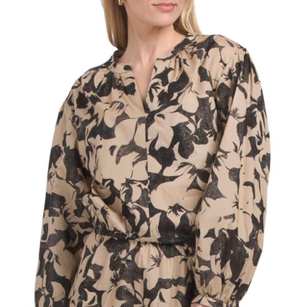 NWT ELLEN TRACY Camo Floral Cotton Balloon Sleeve Crop Top Size S